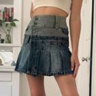 High Waist Two-tone Paneled Pleated Denim Miniskirt