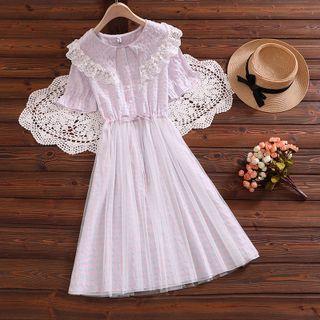 Elbow-sleeve Mesh Overlay Plaid Midi A-line Dress