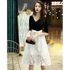Short-sleeve Two Tone A-line Evening Dress