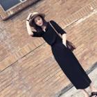 Split-neck Elbow-sleeve Midi Sheath Dress