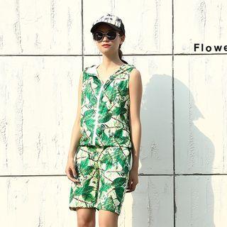 Set: Leaf Print Hooded Zip Vest + Shorts