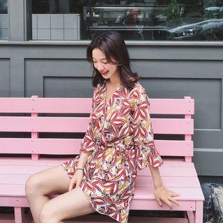 Leaf Print 3/4 Sleeve Chiffon Playsuit