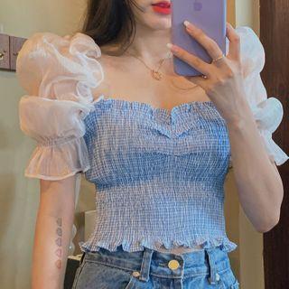 Plaid Puff-sleeve Blouse Blue - One Size