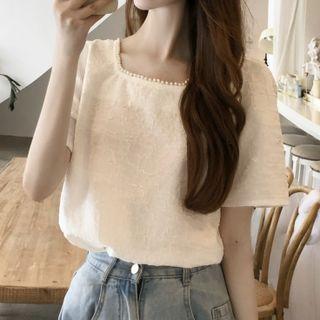 Short-sleeve Square-neck Faux Pearl-trim Top