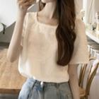 Short-sleeve Square-neck Faux Pearl-trim Top