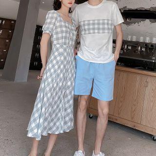 Couple Matching Short-sleeve Gingham Midi Dress / Short-sleeve T-shirt / Shorts