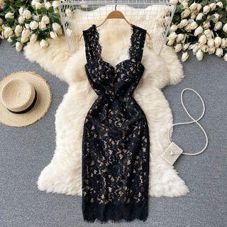 Square-neck Lace Spaghetti-strap Dress