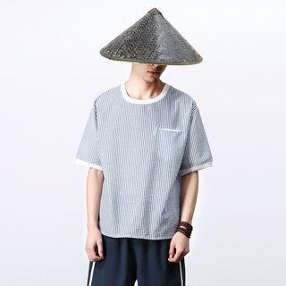 Elbow-sleeve Striped Seersucker Top