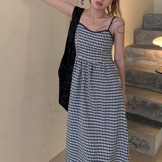 Spaghetti-strap Gingham Midi A-line Dress Black & White - One Size