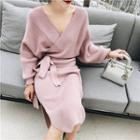 V-neck Asymmetric Slit Knit Dress Mauve Pink - One Size
