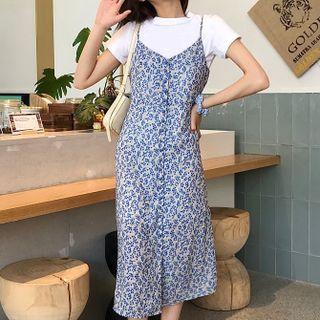 Floral Single-breasted Spaghetti-strap Midi Dress