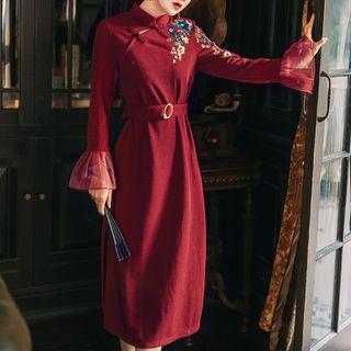 Flower Embroidered Bell-sleeve A-line Midi Dress