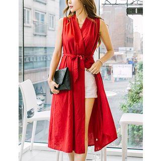 Sleeveless Wrap-front Dress With Sash