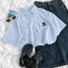 Short-sleeve Striped Bear Embroidered Shirt Shirt - One Size