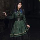 Long-sleeve Contrast Trim Midi Collared / Midi Cape / Buckle Detail Faux Leather Belt / Set