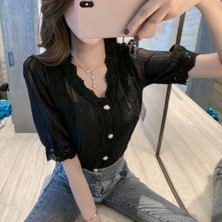 Chiffon Faux Pearl Lace Blouse