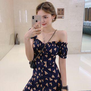Cap-sleeve Heart Print Mini A-line Dress