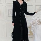 V-neck Long-sleeve Midi A-line Corduroy Dress