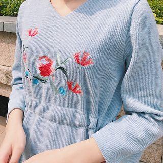 Flower Embroidered V-neck Long Sleeve Dress