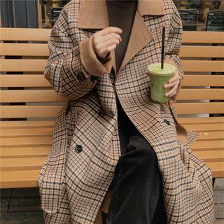 Double Breasted Plaid Coat Plaid - Brown - One Size