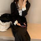 Lace Trim Buttoned Long-sleeve A-line Dress Black - One Size