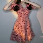Puff-sleeve Cherry Print Plaid Mini A-line Dress Red - One Size