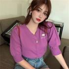 Puff Short-sleeve Knit Top Purple - One Size