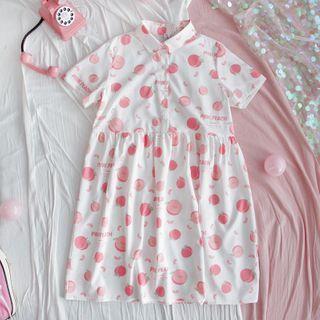 Peach Print Short-sleeve Collared Dress