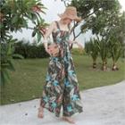Sleeveless Wide-leg Smocked Foliage Jumpsuit