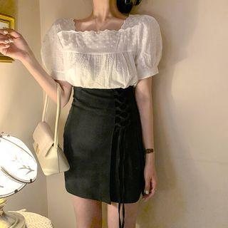 Eyelet Square-neck Puff-sleeve Blouse / Lace-up Mini A-line Skirt