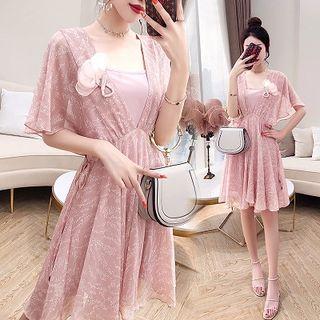 Set: Spaghetti Strap Top + Short-sleeve A-line Dress