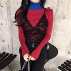 Color-block Long-sleeve Slim-fit Knit Top / Lace Camisole Top