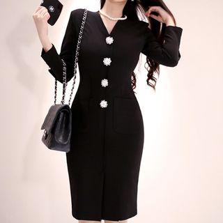 Flower Applique Long-sleeve Sheath Dress