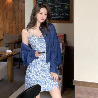 Floral Split Sleeveless Dress / Plain Jacket