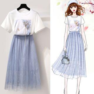 Set: Short-sleeve Print T-shirt + Midi Mesh Skirt