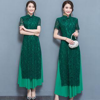 Lace Short Sleeve Midi Qipao