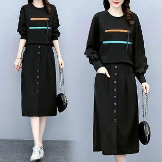 Set: Color Block Sweatshirt + Button-up Midi A-line Skirt