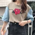 Rose Embroidered Elbow-sleeve T-shirt