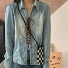 Long-sleeve Lace-up Denim Top Blue - One Size