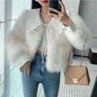 Collared Tie-strap Fluffy Cropped Jacket White - One Size