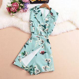 Sleeveless Notch Lapel Floral Print Romper