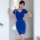 V-neck Knit Bodycon Dress Blue - One Size
