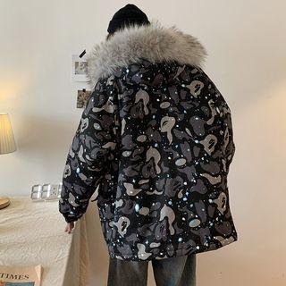 Pattern Printed Furry Hooded Jacket