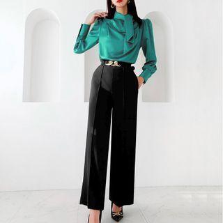 Set: Long-sleeve Tie-neck Blouse + Belted Wide Leg Pants