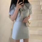 Short-sleeve Tweed Jacket / Mini A-line Skirt
