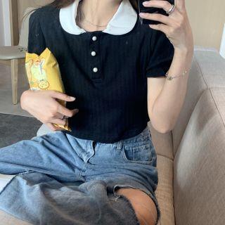 Puff-sleeve Polo Collared Cropped Top