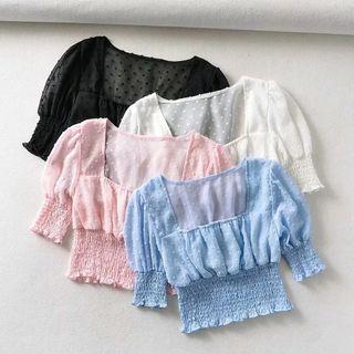 Short-sleeve Dotted Shirred Crop Top