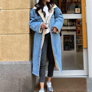 Fleece-lined Long Denim Button Coat