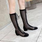 Mesh Paneled Lace-up Low Heel Tall Boots