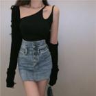 Cropped Cardigan / Asymmetrical Camisole Top / High Waist Denim Mini Pencil Skirt